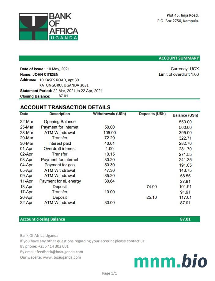 Uganda ABC Bank Of Uganda dowód adresu szablon wyciągu bankowego w formacie Word i PDF